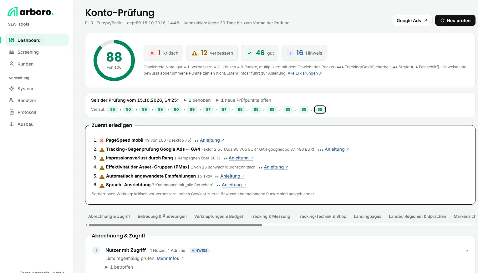 SEA-Tools: Google-Ads-Konto-Prüfung mit Score und Prioritäten