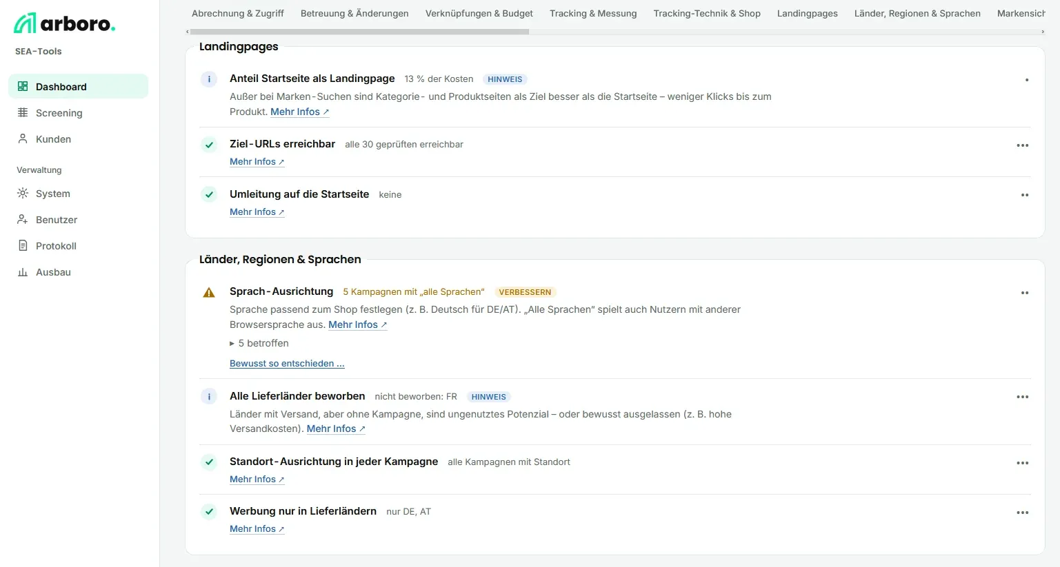 arboro Diagnosesystem – Landingpages, Länder und Sprachen im Konto