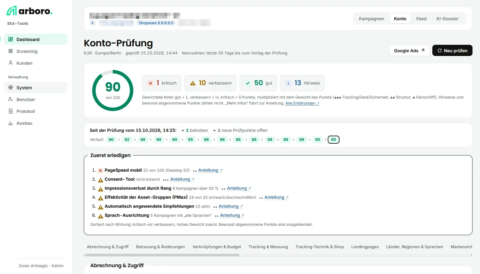 arboro Diagnosesystem – Google-Ads-Konto-Prüfung: Score, Verlauf und was zuerst zu erledigen ist