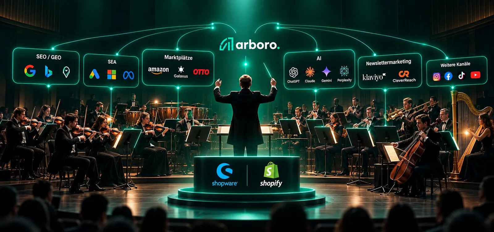 arboro als Dirigent Ihres E-Commerce: Shopware und Shopify im Zentrum, verbunden mit SEO/GEO, SEA, Marktplätzen, AI, Newsletter-Marketing und weiteren Kanälen