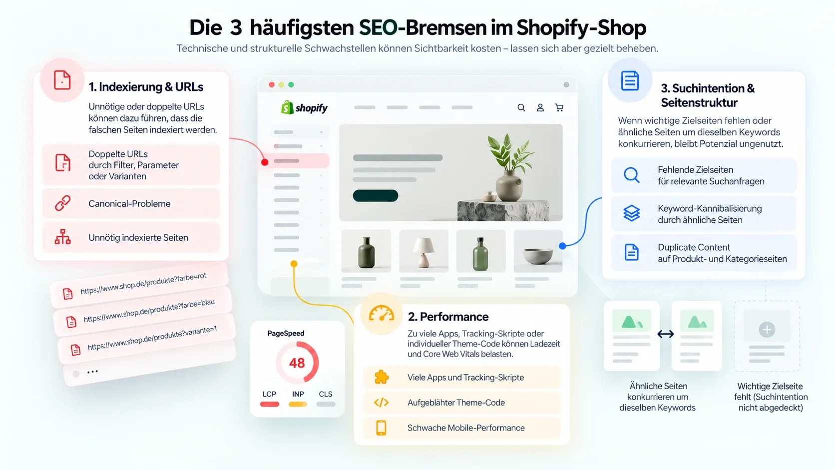 Die 3 häufigsten SEO-Bremsen im Shopify-Shop: Indexierung & URLs, Performance, Suchintention & Seitenstruktur