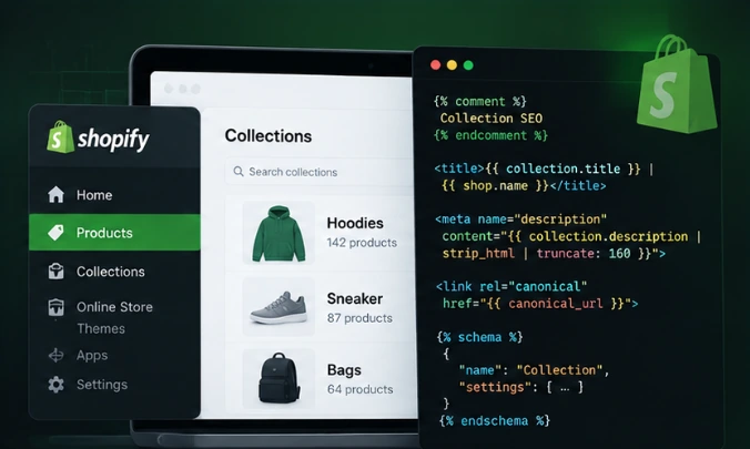 Shopify SEO von arboro Shopify-Admin mit Kollektionen und Liquid-Code für Title, Meta-Description und Canonical