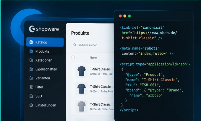 Shopware SEO von arboro Shopware-Administration mit Produktliste und SEO-Code: Canonical, Robots-Tag und strukturierte Daten