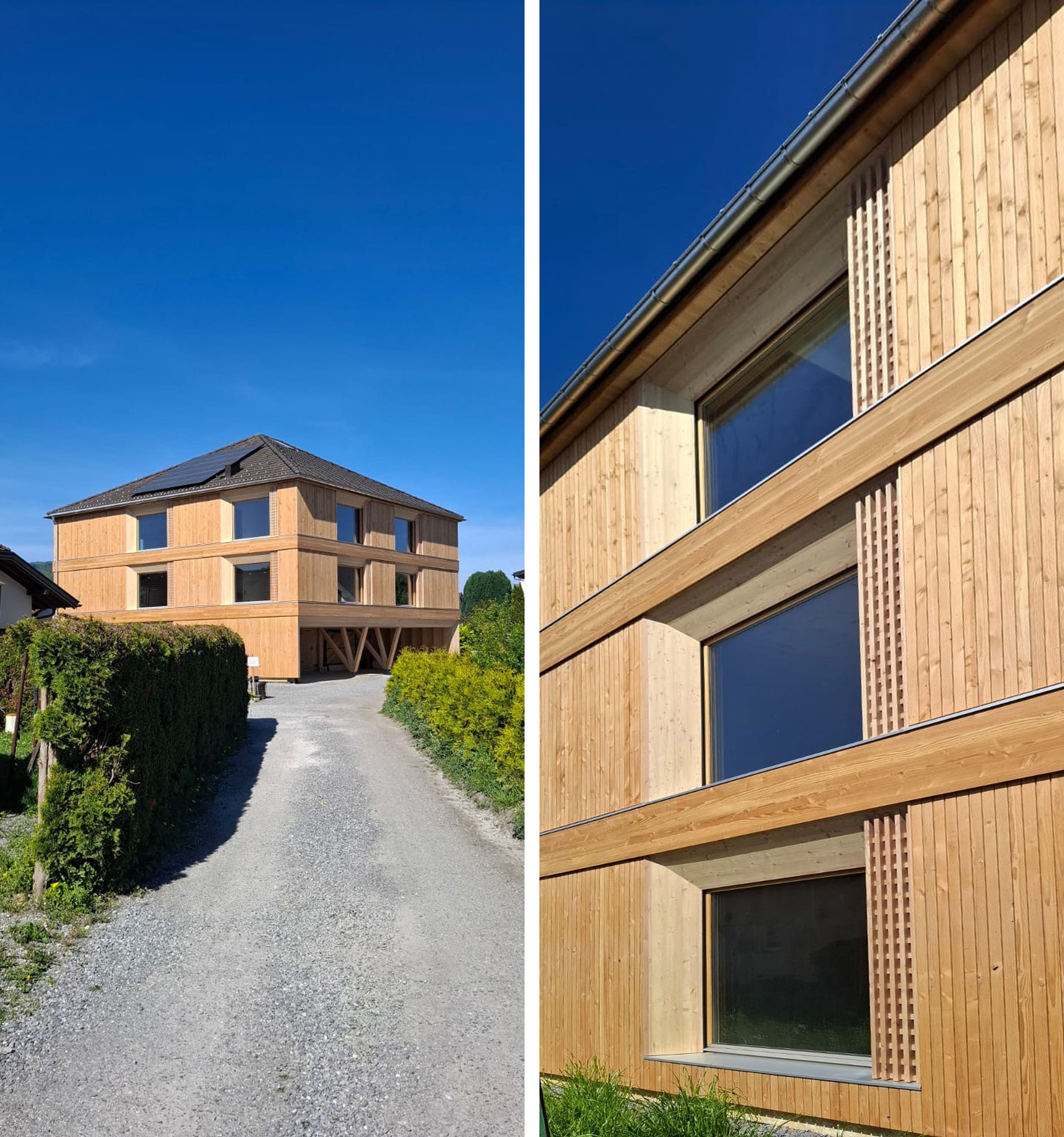 Außenansicht Haus Rotkreuzstraße Lustenau - Gerhard Berchtold Zimmerei Schwarzenberg - schöne Kleinwohnanlage in Massivholzbau aus dem Bregenzerwald