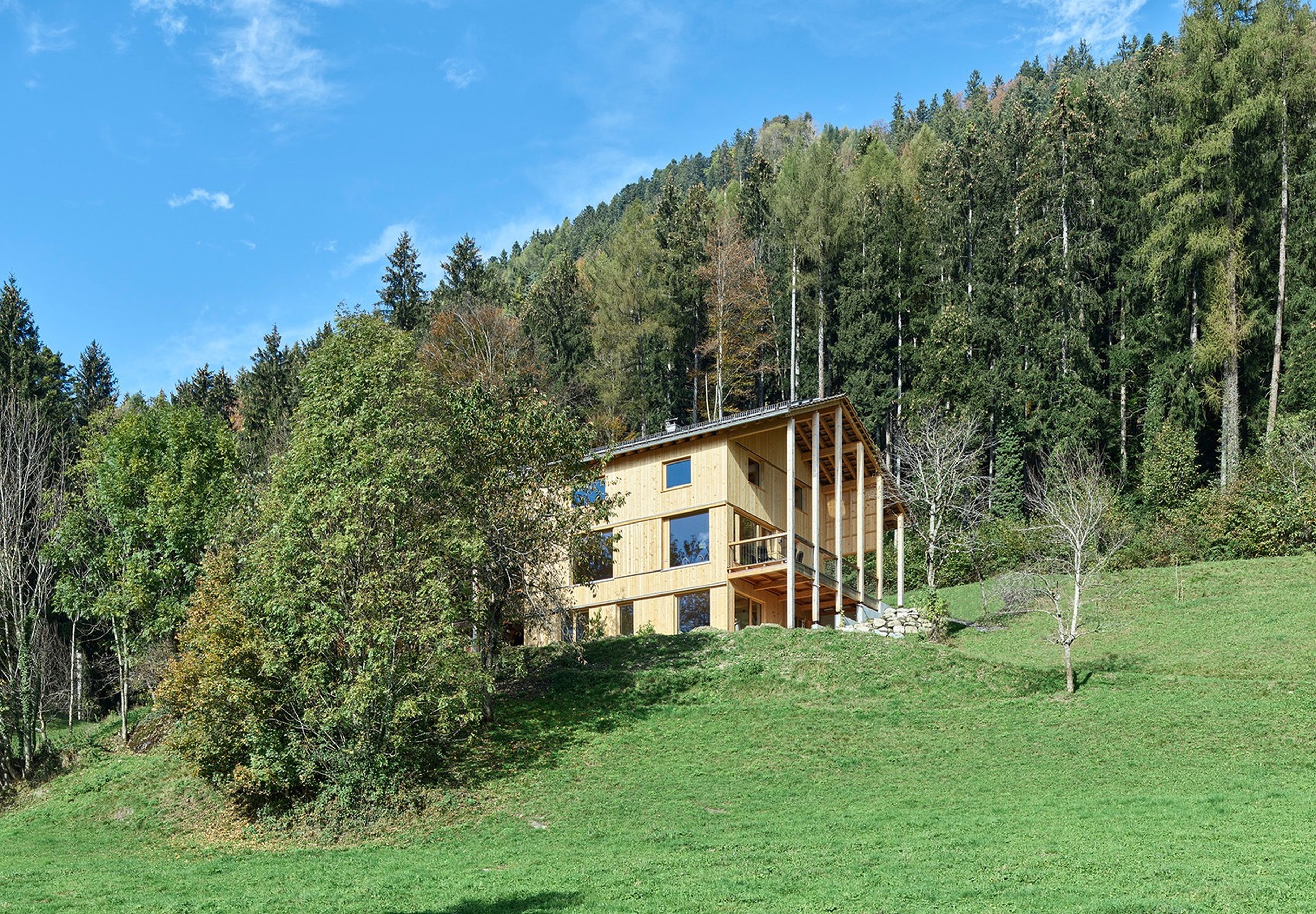 Auf einem grasbewachsenen Hügel, umgeben von Bäumen und Wald, steht ein modernes Haus mit Holzelementen unter einem blauen Himmel mit zarten Wolken.