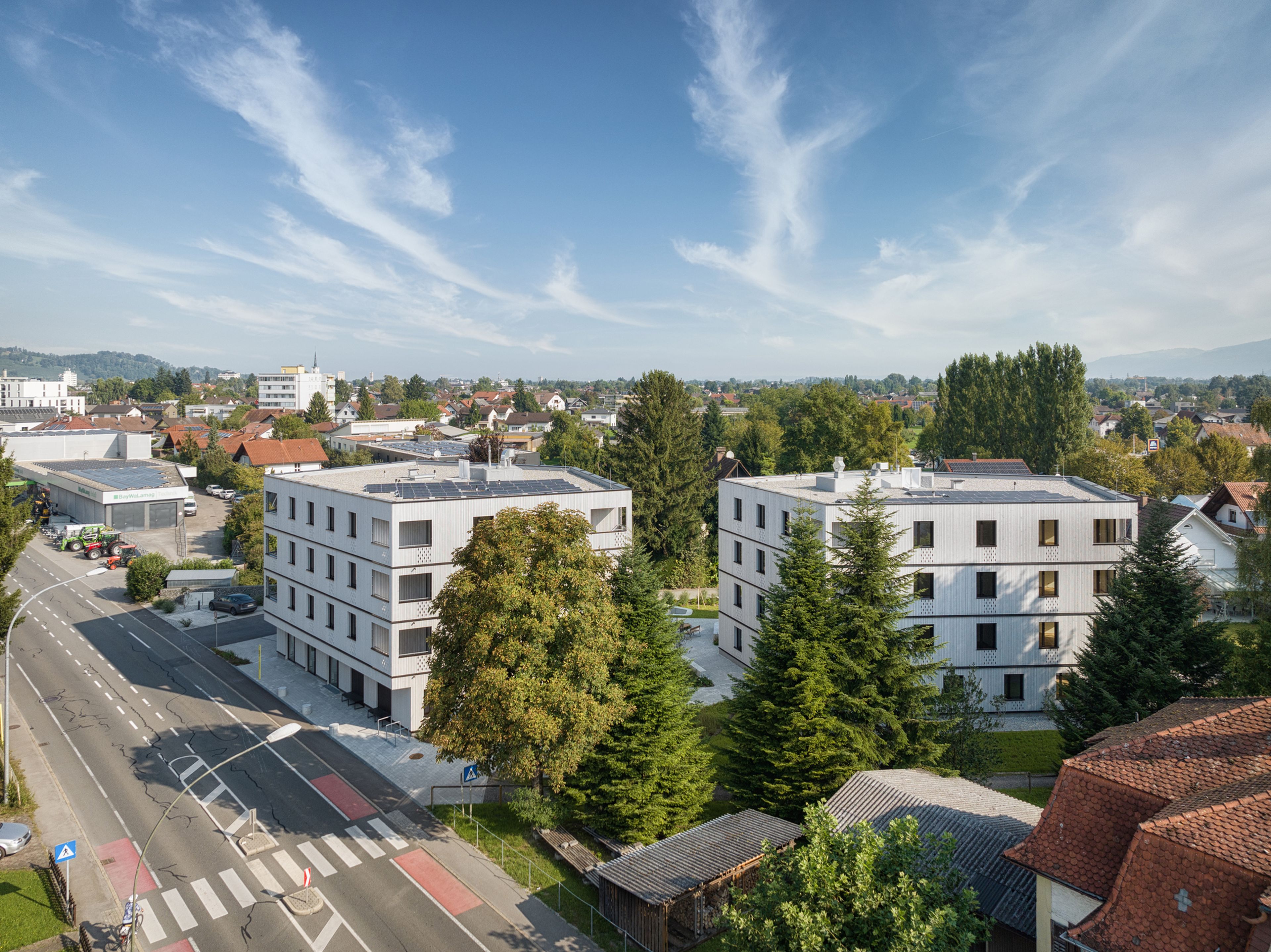 Drohnenaufnahme der Wohnanlage Lustenau Hohenemserstraße