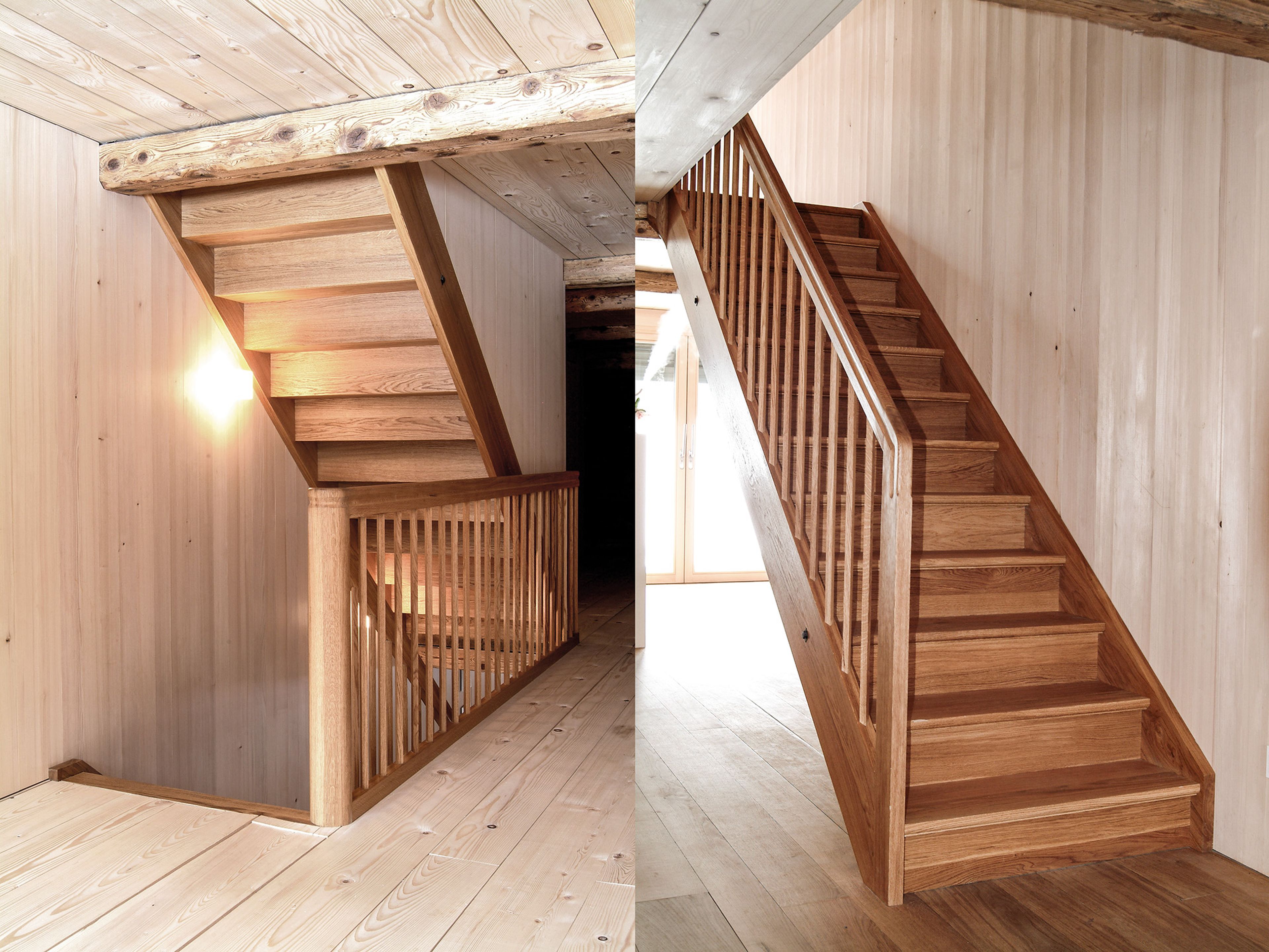 Holztreppe mit Geländern in rustikalem Ambiente, wobei unterschiedliche Beleuchtung und Holzoberflächen hervorgehoben werden.