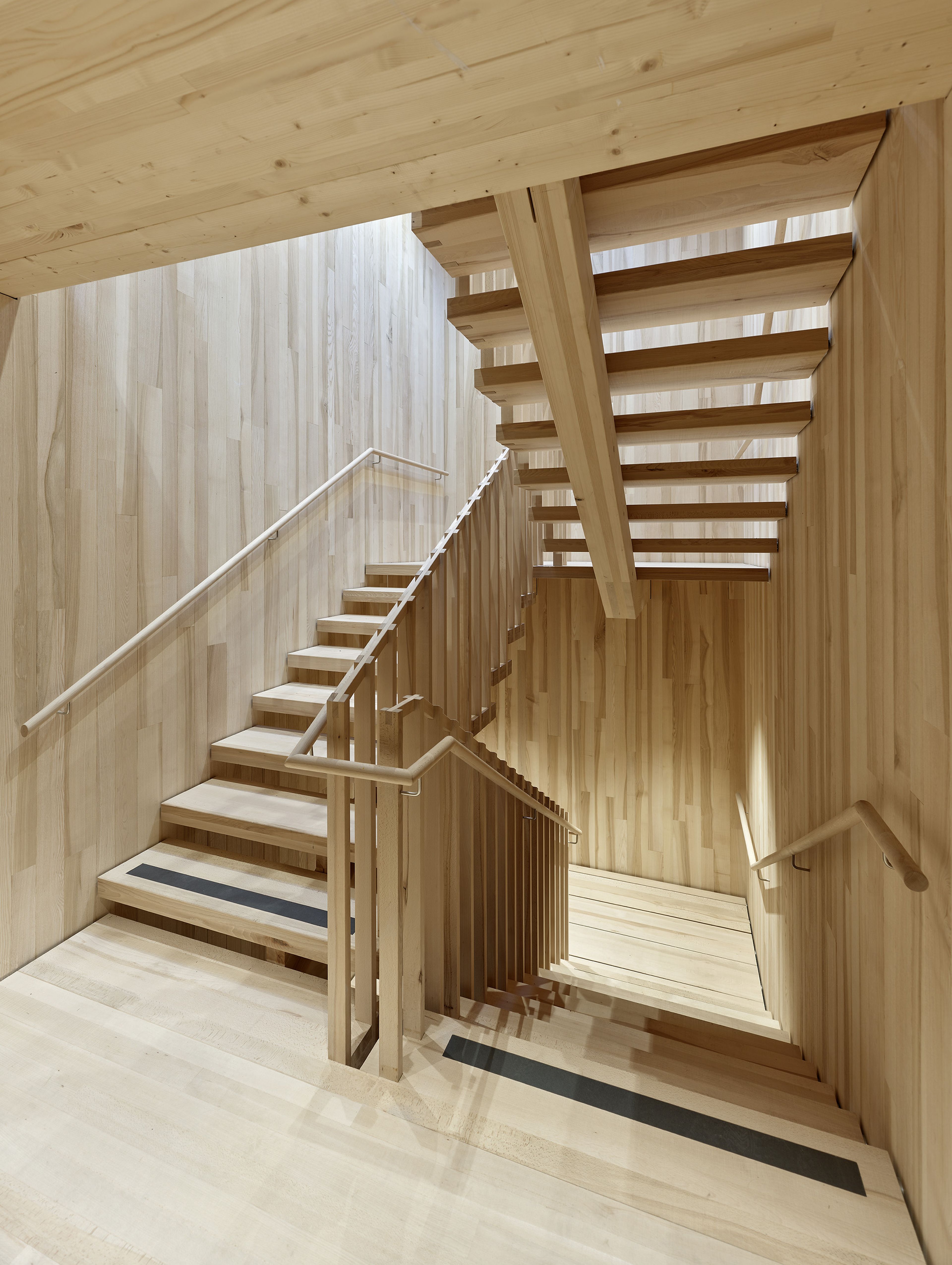 Eine Holztreppe mit offenen Setzstufen und Handläufen, eingebettet in einen hellen, holzgetäfelten Innenraum, schafft einen warmen und modernen architektonischen Raum.