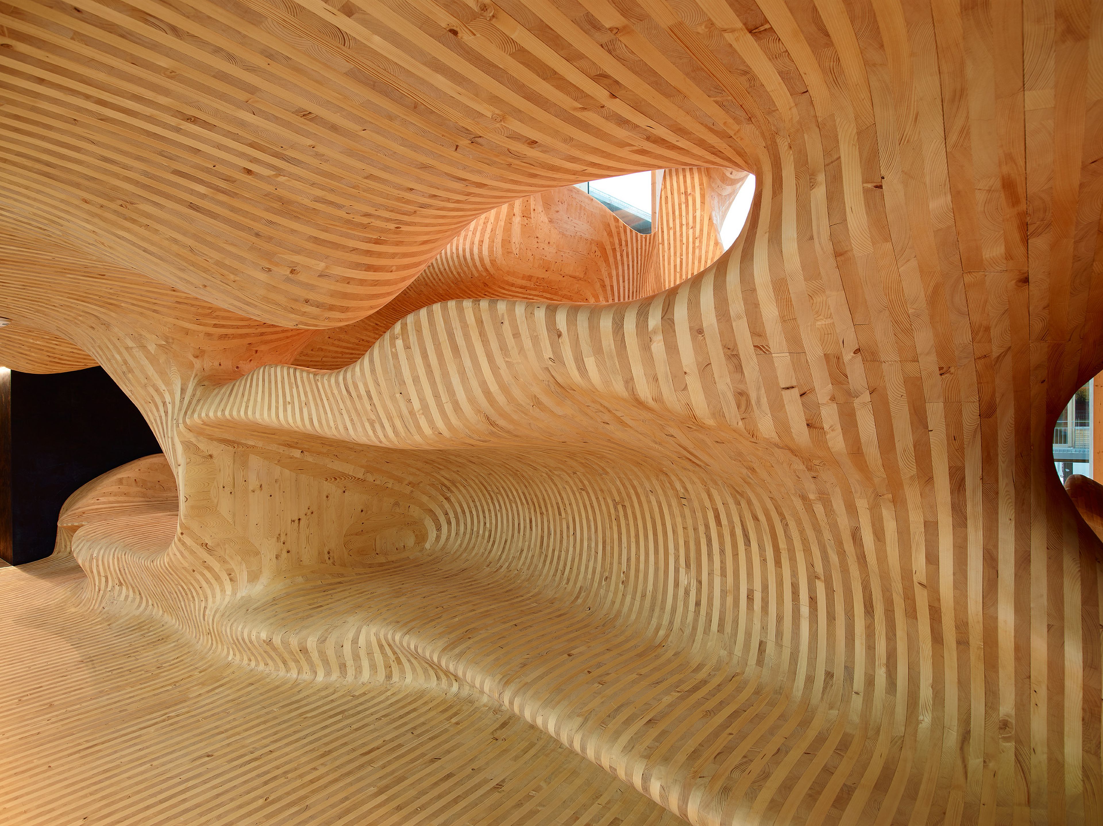 Begehbare, organisch geformte Holzskulptur ‚Body‘ im Innenraum des OMICRON-Gebäudes in Klaus, entworfen von Eichinger Offices und ausgeführt von Gerhard Berchtold Zimmerei – eine skulpturale Kommunikationszone aus laminierten Brettsperrholzflächen, die fließende, körperhafte Formen und kommunikative Begegnungsflächen erzeugt.