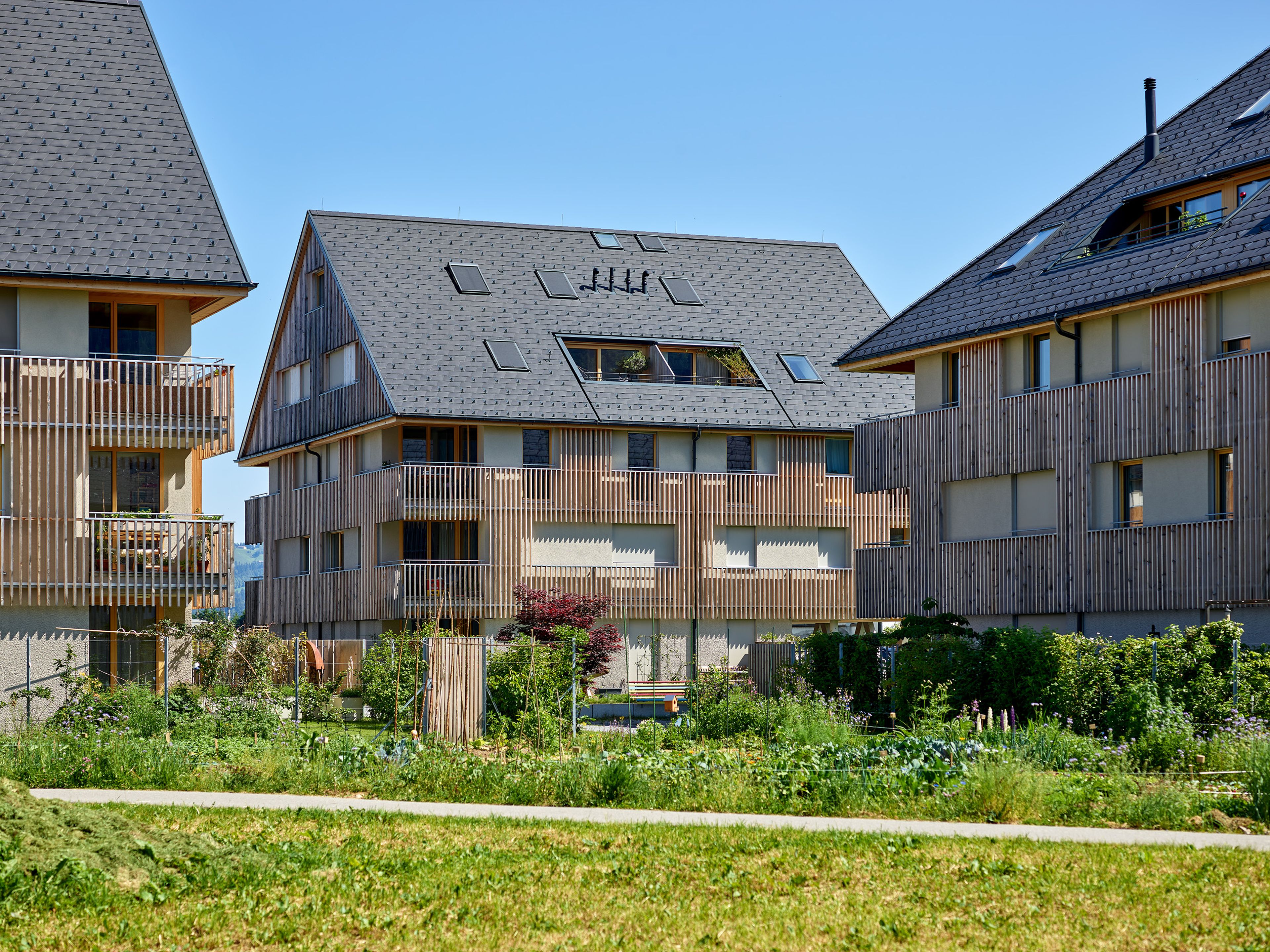 Wohnanlage in Holzbauweise mit moderner Architektur und Holzfassade und Satteldach; rund um das Gebäude erstreckt sich viel Grünfläche.