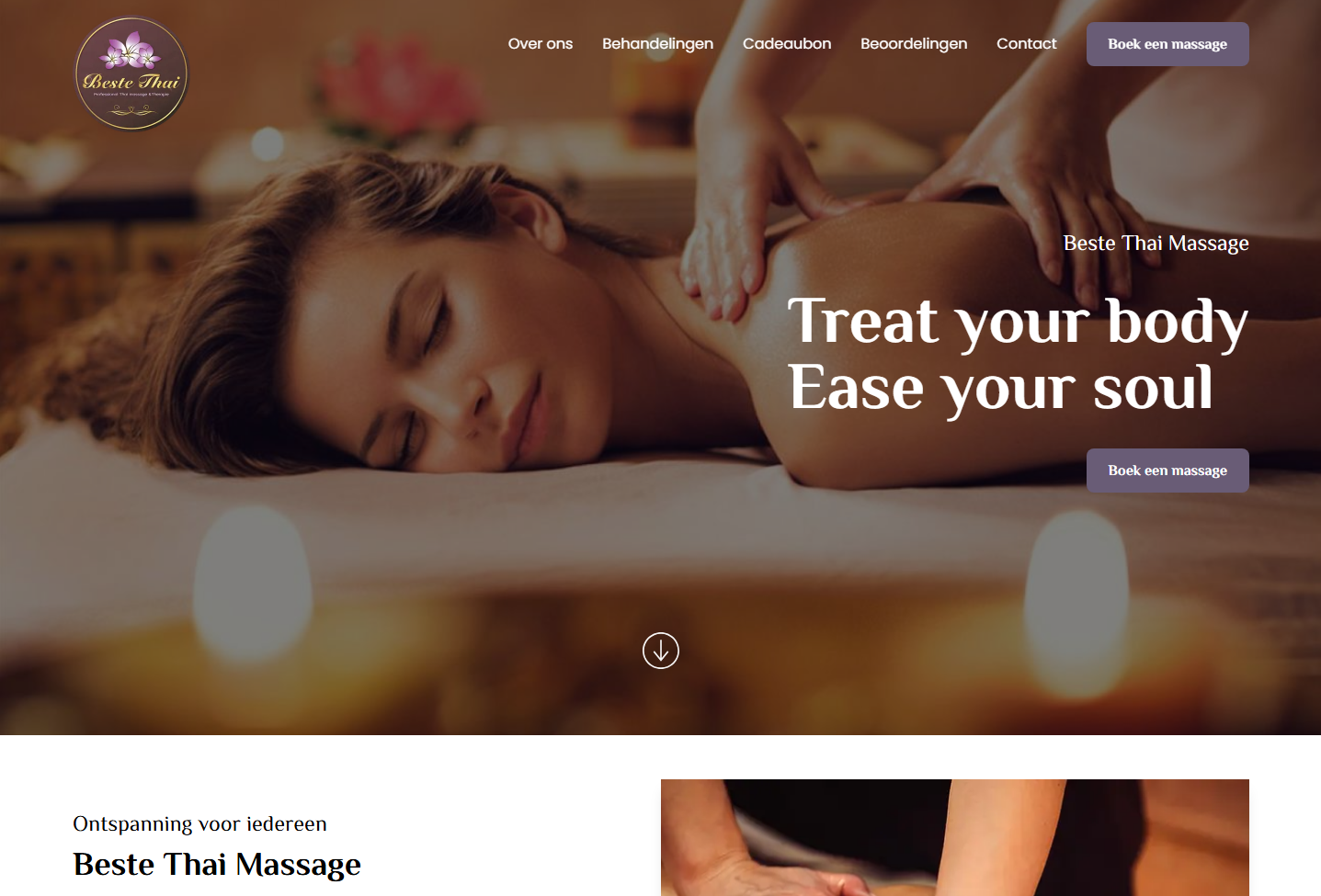 Relaxed woman lying face down while a therapist massages her upper back in a dim, candlelit spa setting.