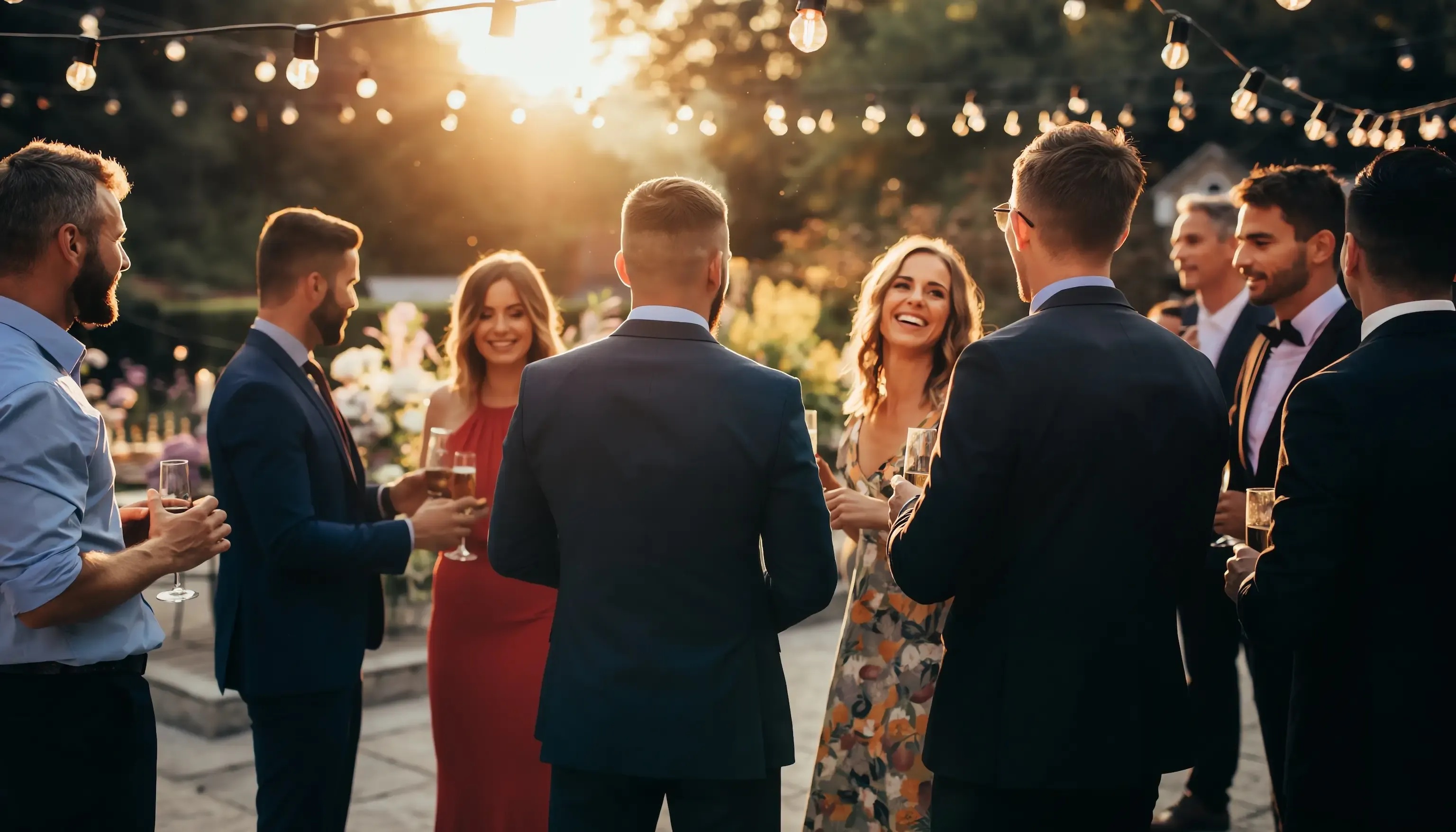 A group of well-dressed people socialize outdoors at sunset, holding drinks, with hanging lights and flowers in the background.