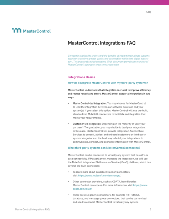 Cover Image of MasterControl Integrations FAQ Document