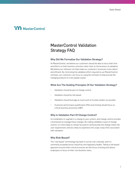 Cover Image of MasterControl Validation Strategy FAQ Document