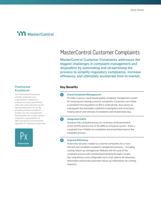 Cover Image of MasterControl Customer Complaints Document