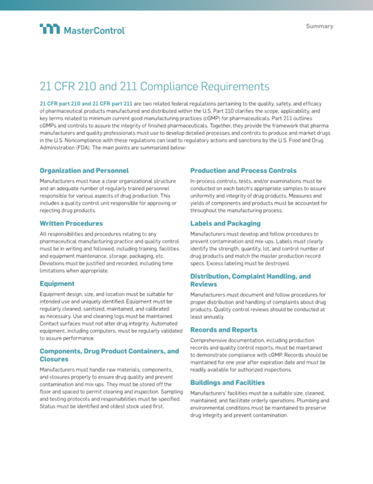 Cover Image of 21 CFR 210 and 211 Compliance Requirements Document