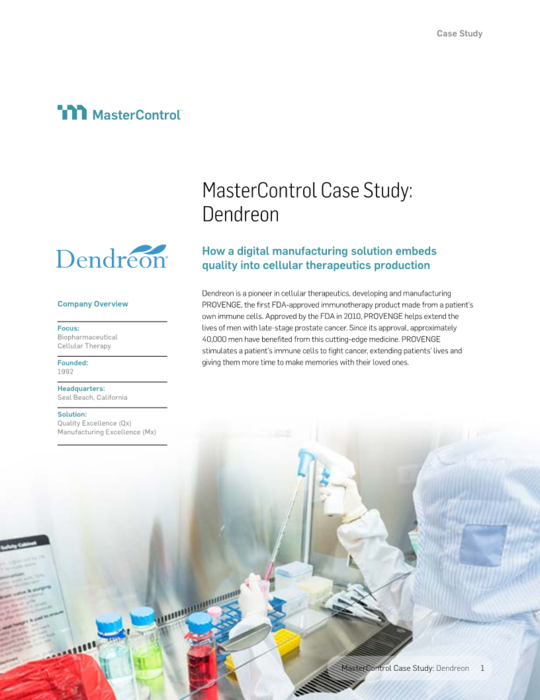 Cover Image of MasterControl Case Study: Dendreon Document