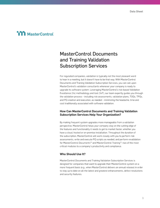 Cover Image of MasterControl Validation Subscription Services Document