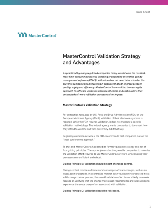 Cover Image of MasterControl Validation Strategy and Advantages Document