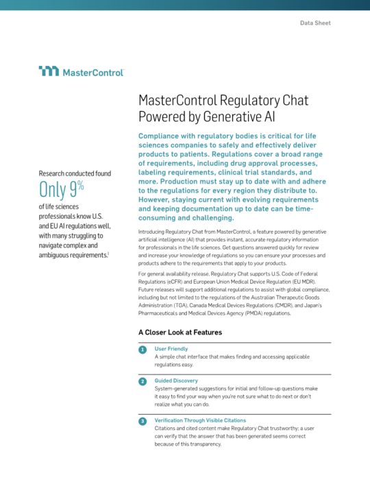 Cover Image of MasterControl Regulatory Chat Powered by Generative AI Document