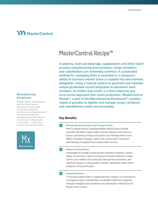 Cover Image of MasterControl Recipe Document