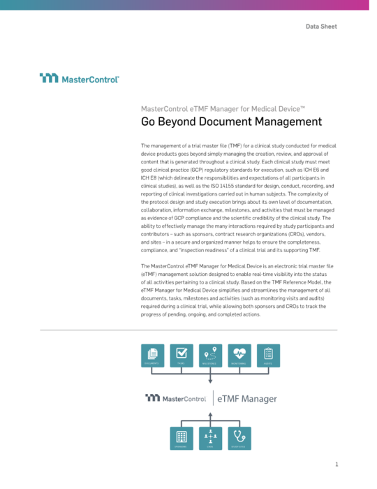 Cover Image of MasterControl eTMF Manager for Medical Device Document