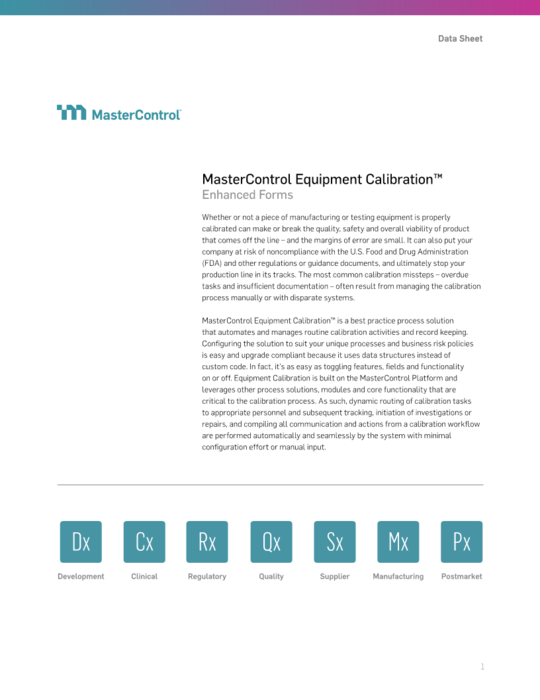 Cover Image of MasterControl Equipment Calibration Enhanced Forms Document