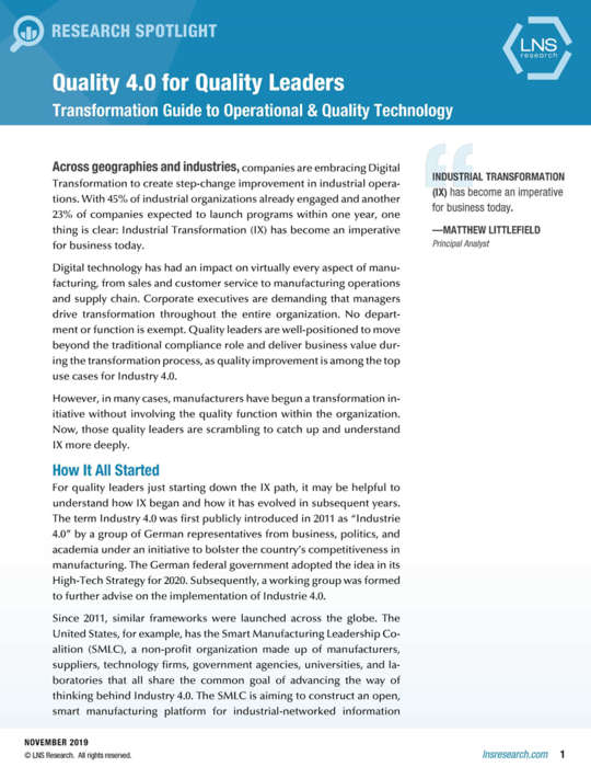 Cover Image of Quality 4.0 for Quality Leaders: LNS Research Document