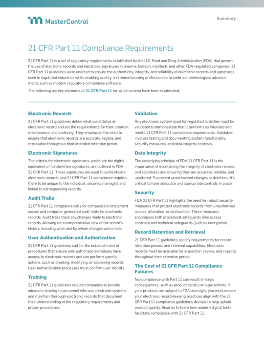 Cover Image of 21 CFR Part 11 Compliance Requirements Document