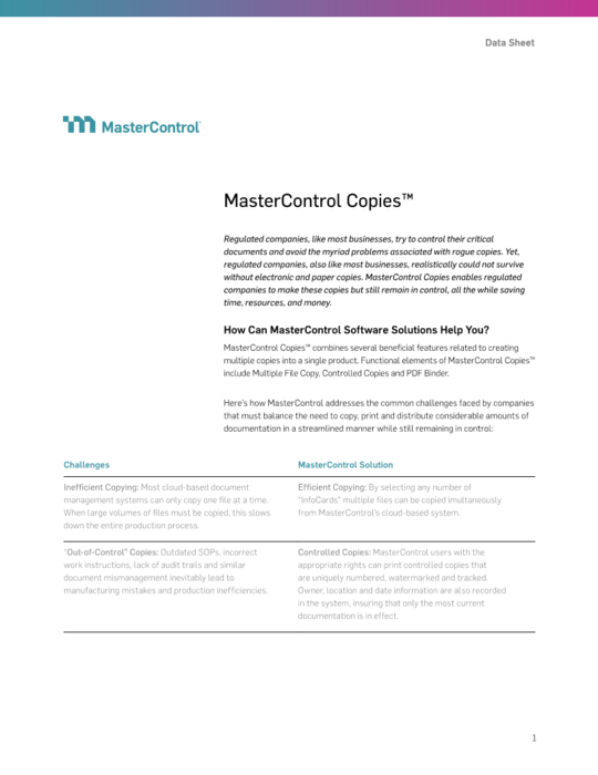 Cover Image of MasterControl Copies Document