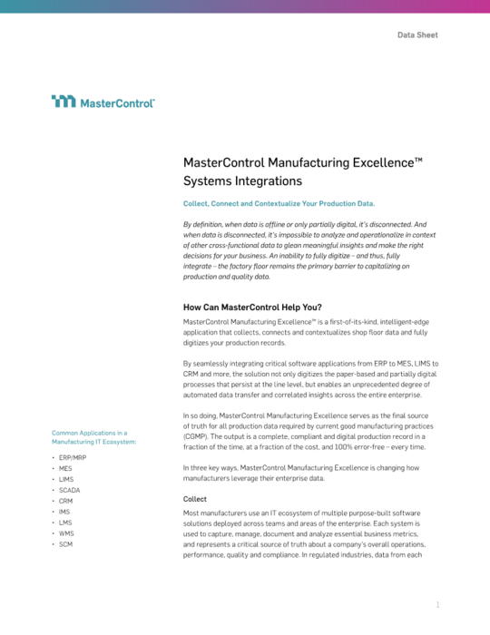 Cover Image of MasterControl Manufacturing Excellence Systems Integrations Document
