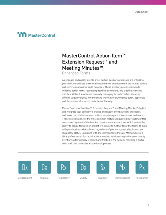 Cover Image of MasterControl Action Item, Extension Request and Meeting Minutes Enhanced Forms Document