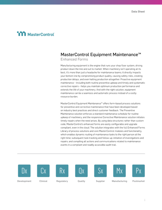Cover Image of MasterControl Equipment Maintenance Enhanced Forms Document