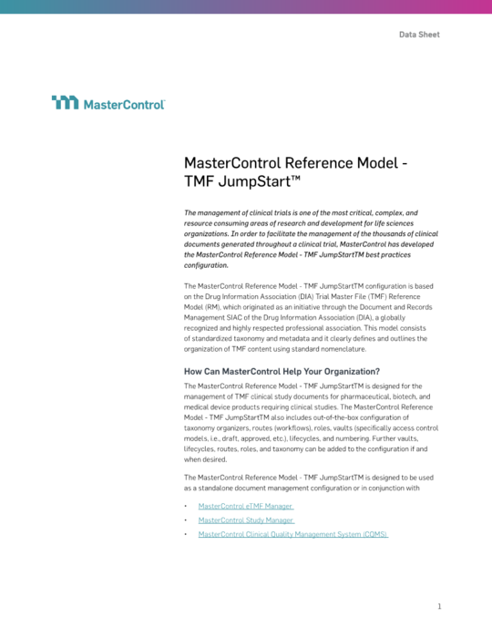 Cover Image of MasterControl Reference Model - TMF JumpStart Document