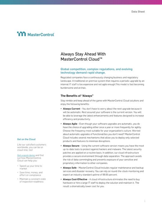 Cover Image of Always Stay Ahead With MasterControl Cloud Document