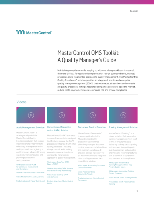 Cover Image of MasterControl QMS Toolkit: A Quality Manager’s Guide Document