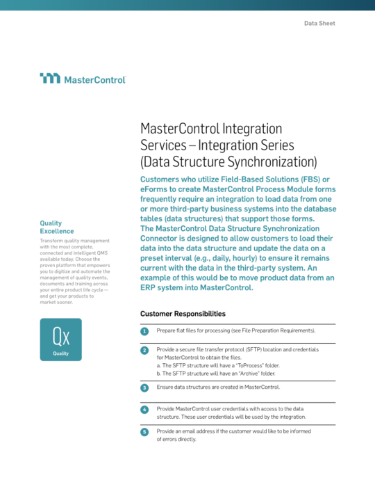 Cover Image of MasterControl Integration Services – Integration Series (Data Structure Synchronization) Document
