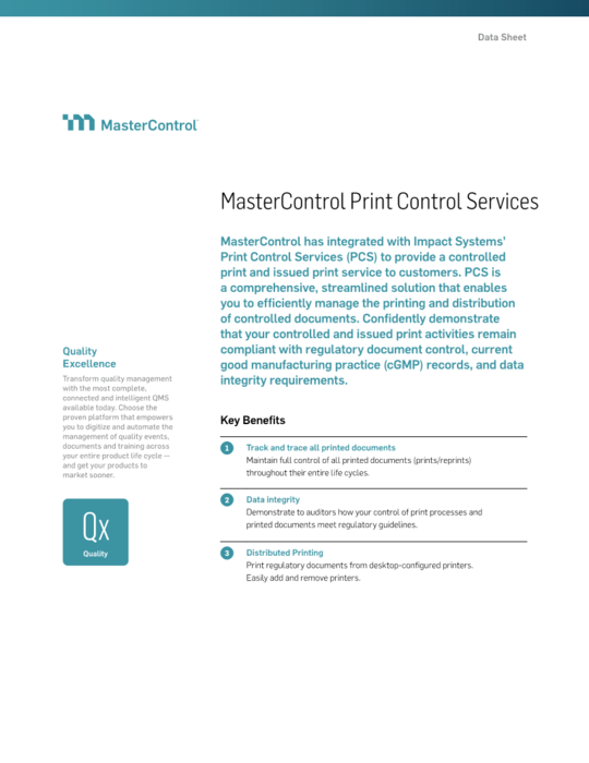 Cover Image of MasterControl Print Control Services Document