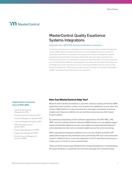 Cover Image of MasterControl Quality Excellence Systems Integrations Document