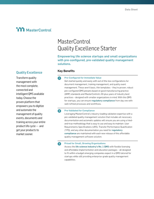 Cover Image of MasterControl Quality Excellence Qx Starter Document