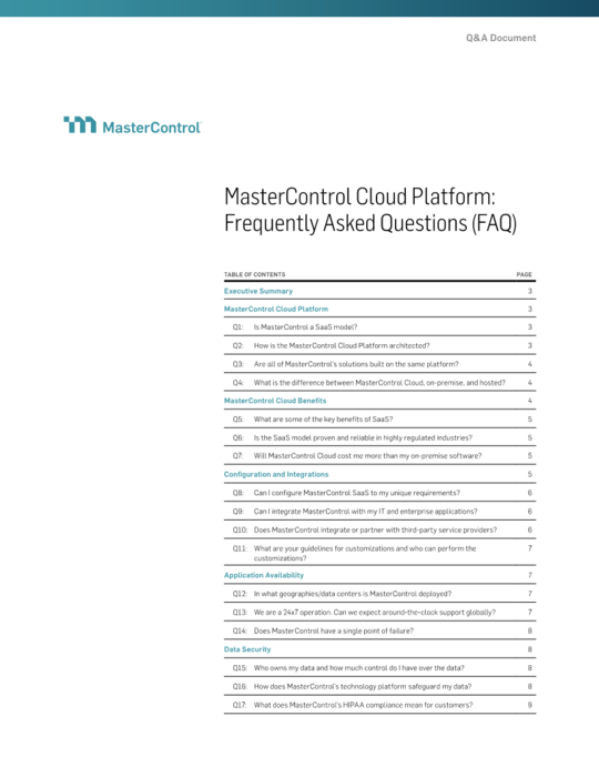 Cover Image of MasterControl Cloud Platform: Frequently Asked Questions (FAQ) Document