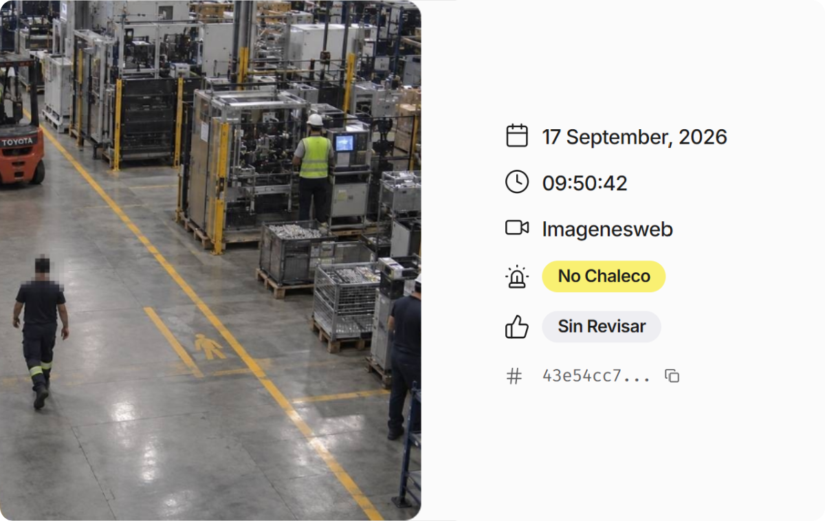 Registro de la incidencia con fecha, hora y cámara en la plataforma Safe