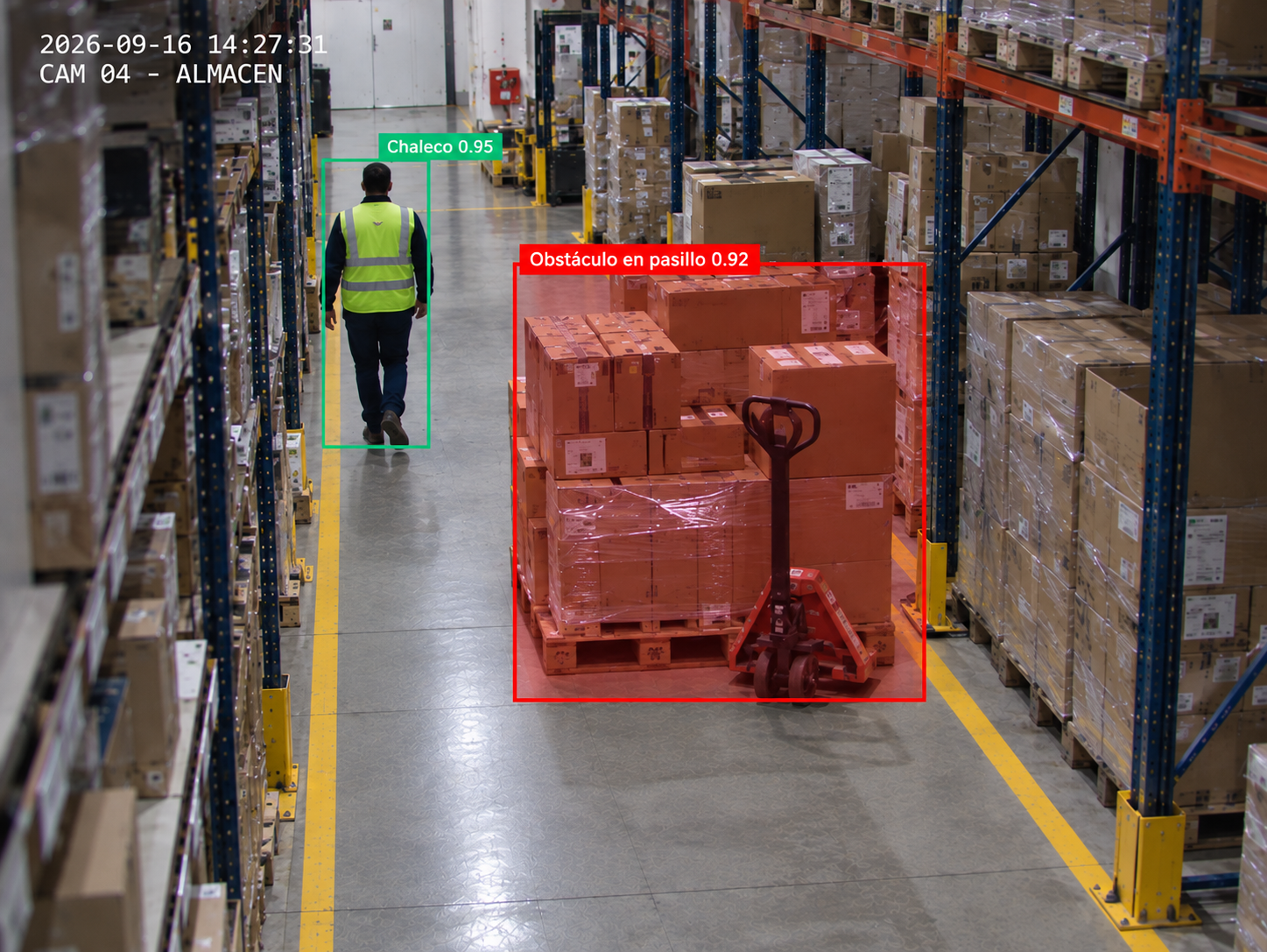 Palé con cajas bloqueando un pasillo de almacén, detectado como obstáculo por Safe