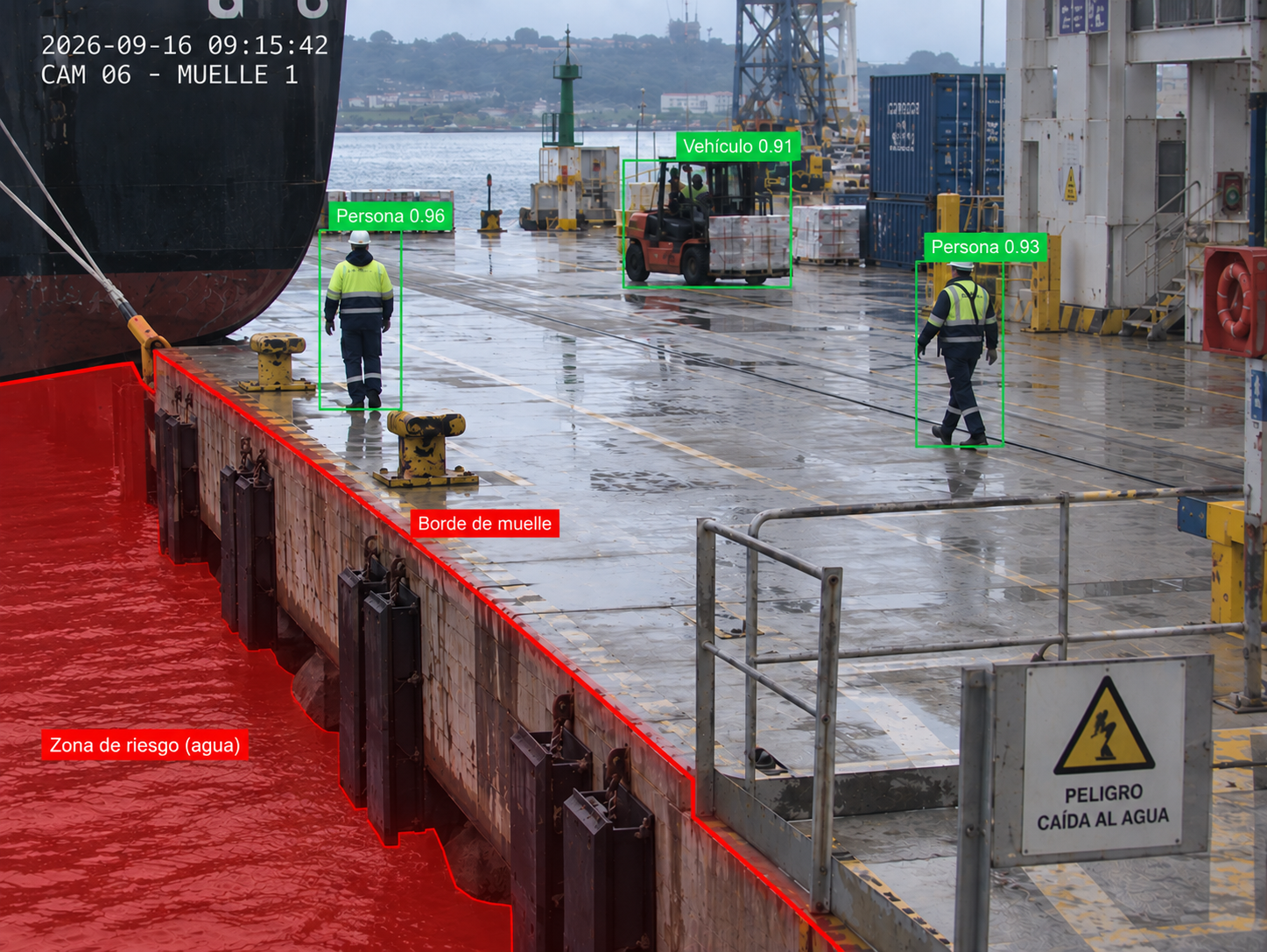 Trabajadores en un muelle con el borde del agua marcado como zona de riesgo