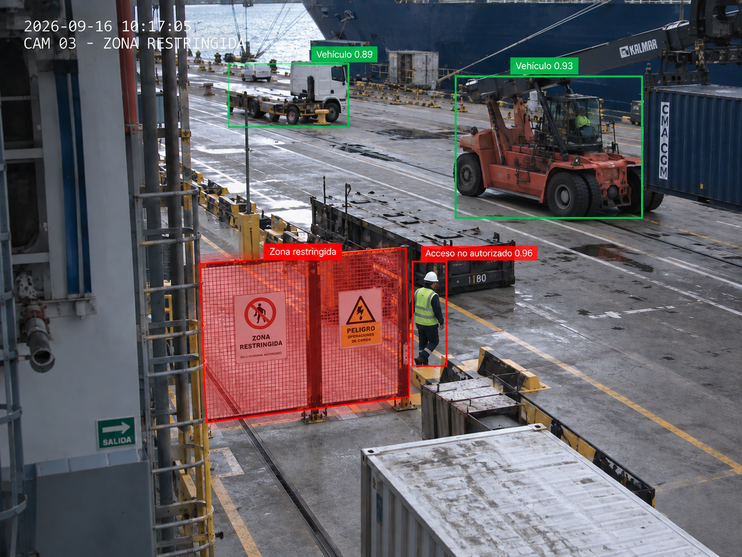 Zona restringida marcada en rojo en una terminal portuaria con maquinaria de contenedores