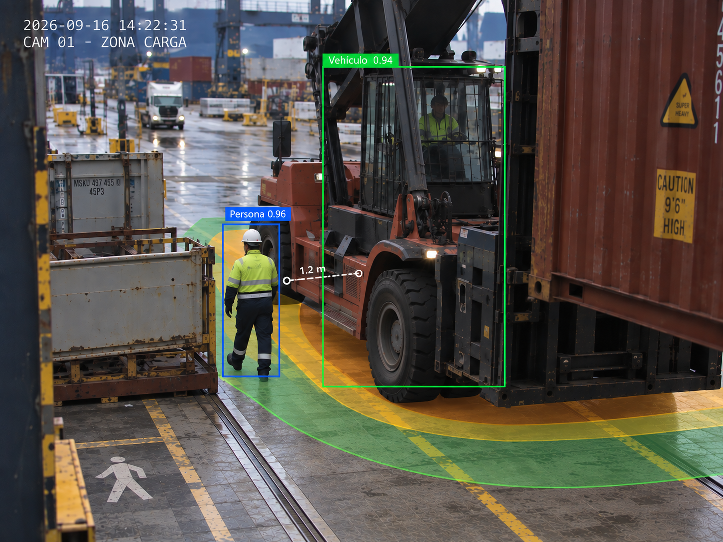 Trabajador cerca de la zona de seguridad de una carretilla portacontenedores