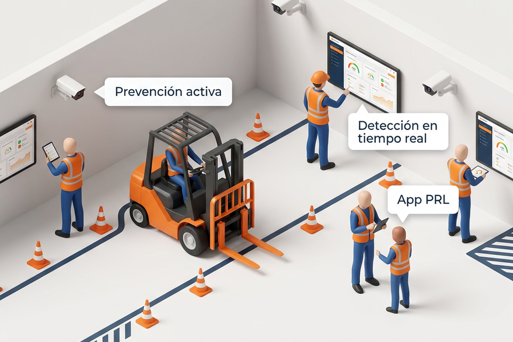 App de prevención de riesgos laborales — ilustración isométrica de planta industrial con IA