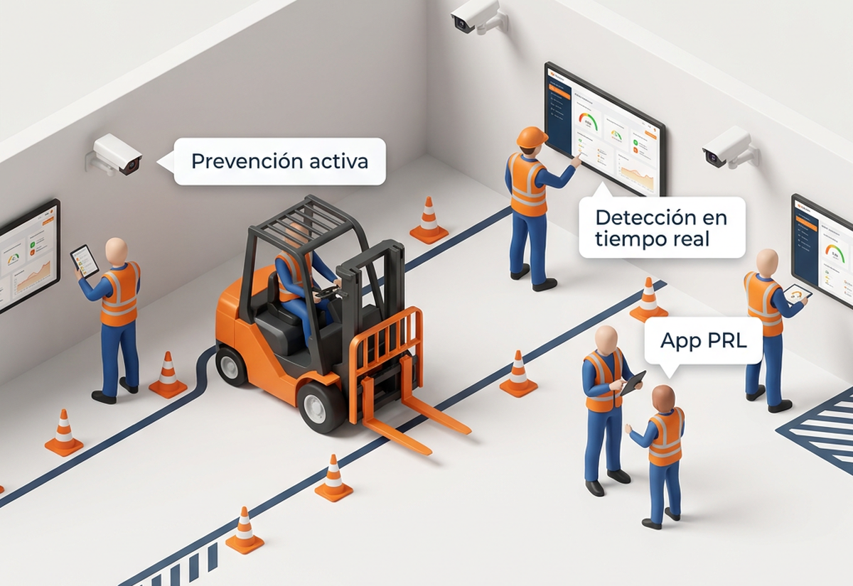 App de prevención de riesgos laborales — ilustración isométrica de planta industrial con IA