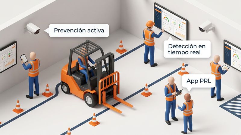 App de prevención de riesgos laborales — ilustración isométrica de planta industrial con IA