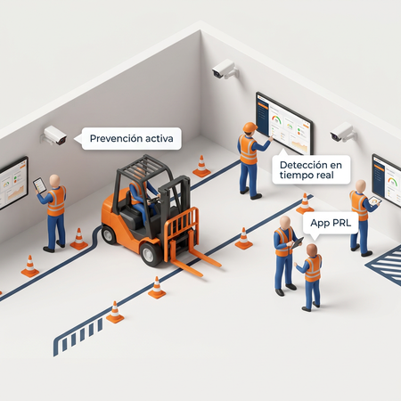 App de prevención de riesgos laborales — ilustración isométrica de planta industrial con IA